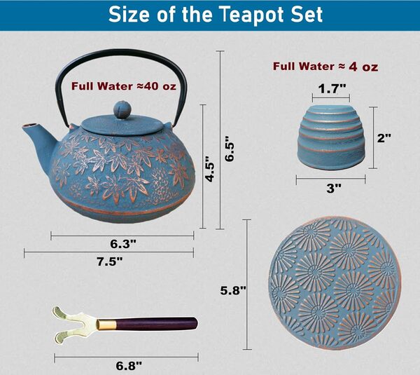 Théière en fonte de style japonais avec infuseur et dessous de plat pour thé en vrac, théière asiatique adulte avec 2 tasses à thé, bleu
