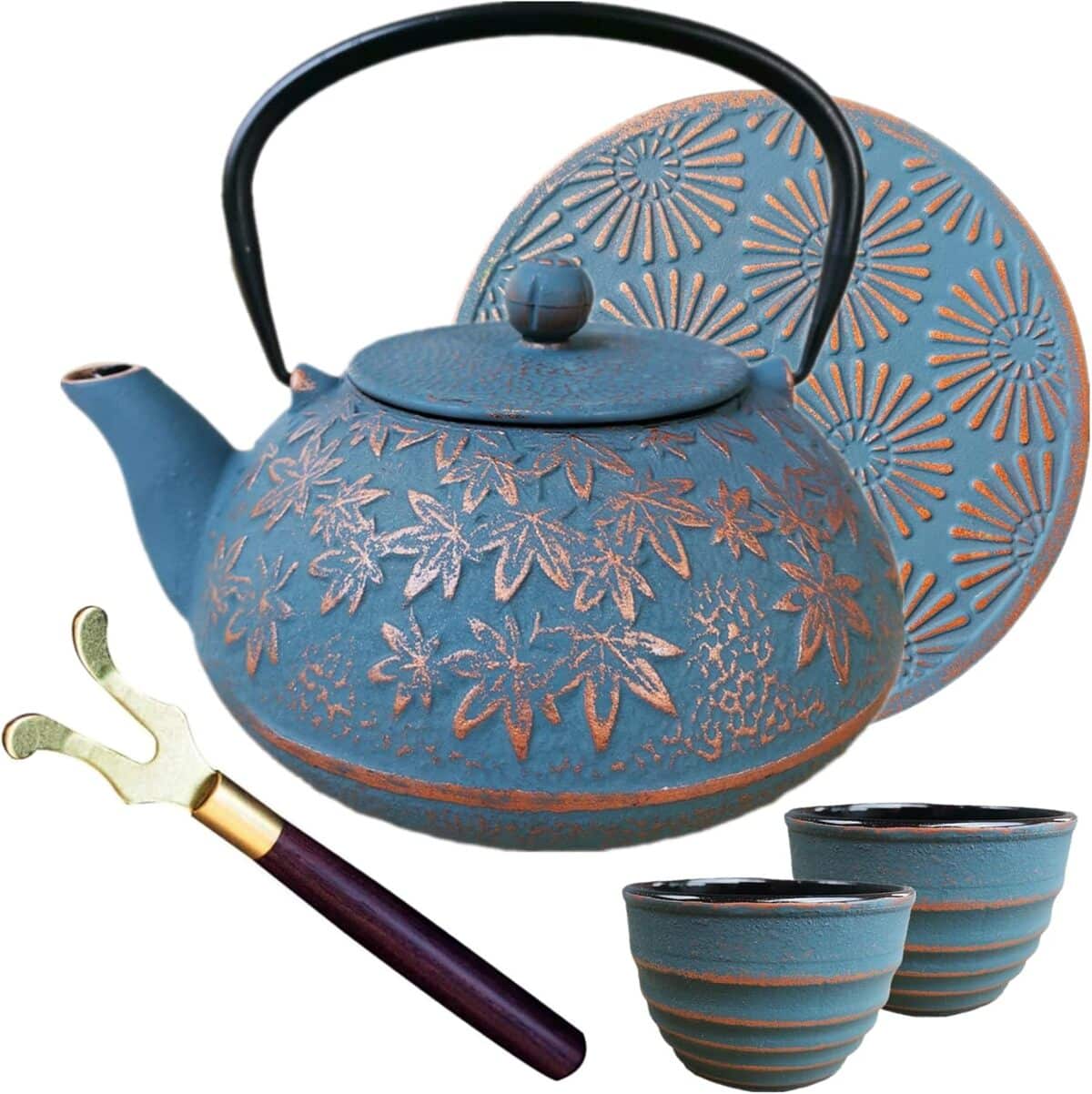 Test : théière en fonte japonaise bleue avec infuseur et dessous de plat