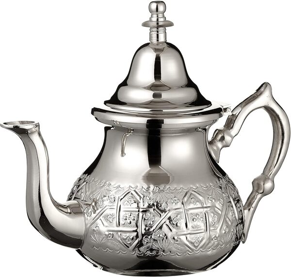 Ensemble théière marocaine extra large en argent avec filtre intégré et support, 6 verres à thé multicolores, plateau argenté, fait à la main au Maroc, coffret cadeau pour service à thé à la menthe