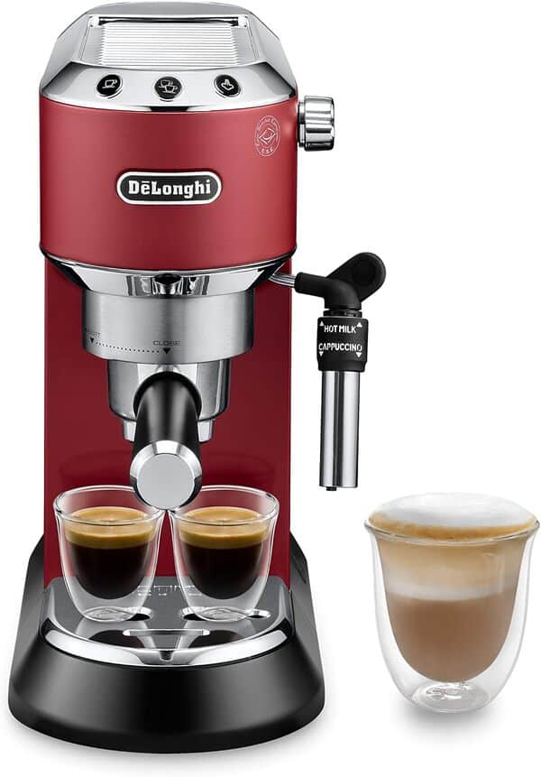 De'Longhi Dedica Style, Machine expresso pour préparer des boissons café et lactées, Rouge & KG79 Moulin Electrique, Broyeur pour Grains de Café avec Réservoir d'une Capacité de 120 g, Noir