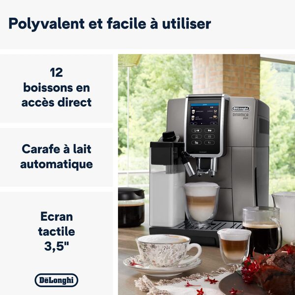 De'Longhi Dinamica Plus, Machine à Café et Cappucino avec Broyeur, ECAM372.95.TB, Titanium/Noir