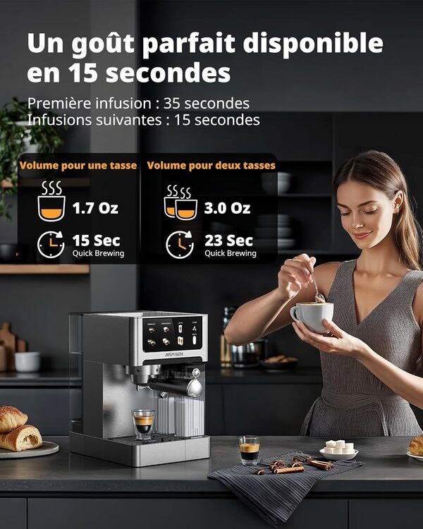 AIRMSEN Machine à Espresso 20 Bar – Cappuccino & Latte Cafetière, Machine a Cafe Double Chaudière (1350W & 1000W), Extraction en 15s, Acier Inoxydable, Amovible Réservoir d'Eau 1,8L, Écran Tactile