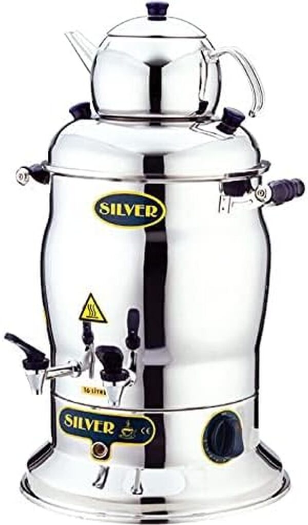 Tubibu Samovar Machine à thé turque électrique en acier inoxydable 220 V avec prise européenne (argent, 10 litres)
