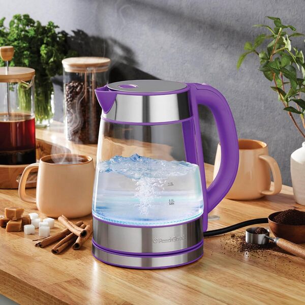 Speed-Boil Bouilloire électrique, 1,7 L, 1500 W, verre borosilicate pour café et thé, facile à nettoyer, ouverture large, arrêt automatique, poignée fraîche au toucher, lumière LED