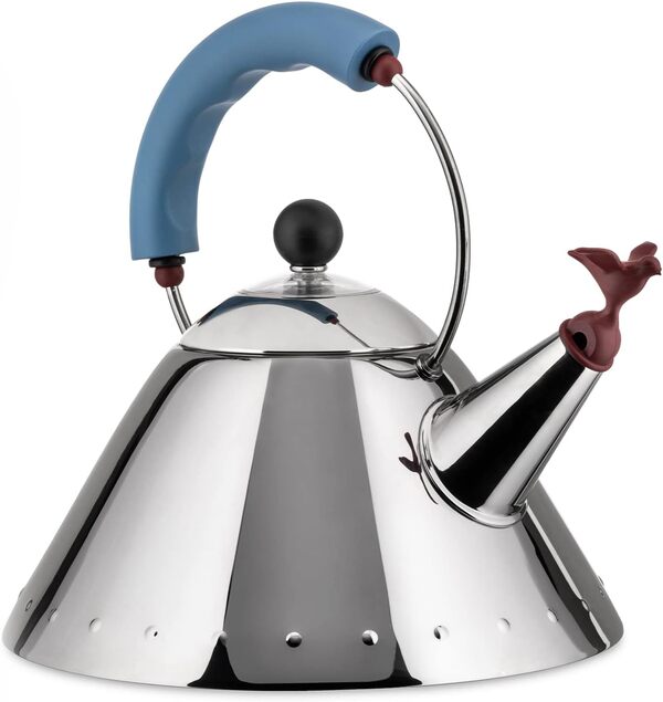 Alessi - 9093 - Bouilloire en Acier Inoxydable 18/10 Brillant avec Poignée et Sifflet-Oisillon - Bleu Clair