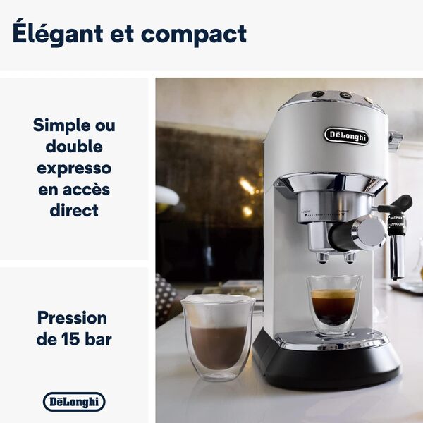 De'Longhi Dedica Style EC685.W, Machine à Café à Pompe en Acier Inoxydable Pour Café Moulu ou Dosettes, Machine à Espresso et Cappuccino, Réservoir de 1,3L, Système Anti-goutte, Blanc
