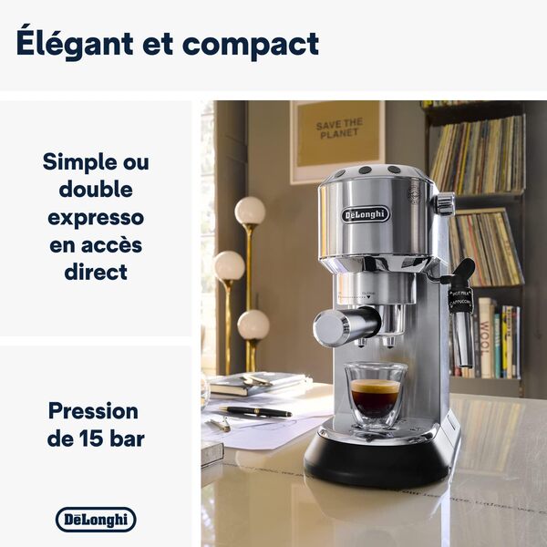 De'Longhi Dedica Style EC685.M, Machine à Expresso avec Buse à Mousse de Lait Professionnelle, Seulement 15 cm de Large, Réservoir de 1 L, Boîtier en Métal, Compatible avec les Dosettes E.S.E, Métal
