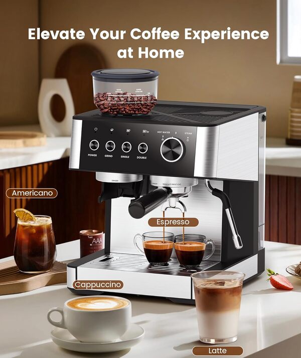 COWSAR Machine à expresso 15 bars, machine à expresso semi-automatique avec broyeur à 30 positions et mousseur à lait pour latte/cappuccino, réservoir d'eau amovible de 2,2 l, idéale pour la maison/le