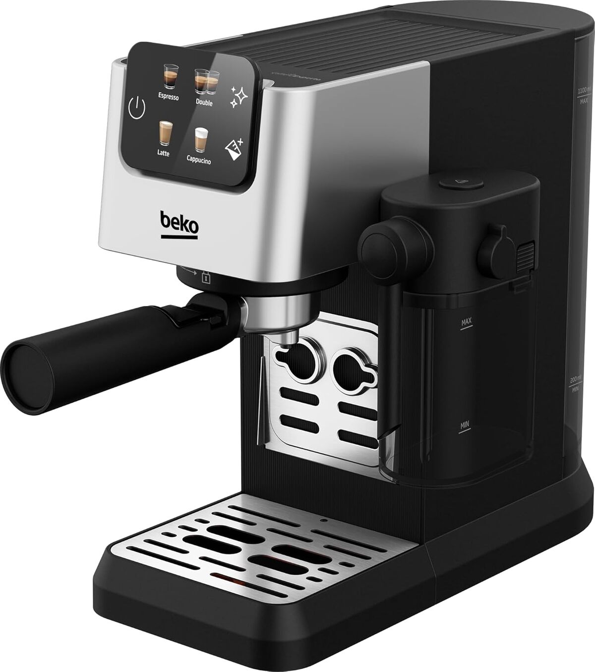 Test de la machine expresso Beko : buse vapeur et carafe à lait