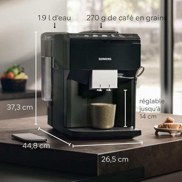 SIEMENS EQ500 classic TP511E19 Machine à café automatique, contrôle par application, nombreuses spécialités de café, réservoir à lait, fonction double tasse, nettoyage à la vapeur, 1500 W, noir/laqué