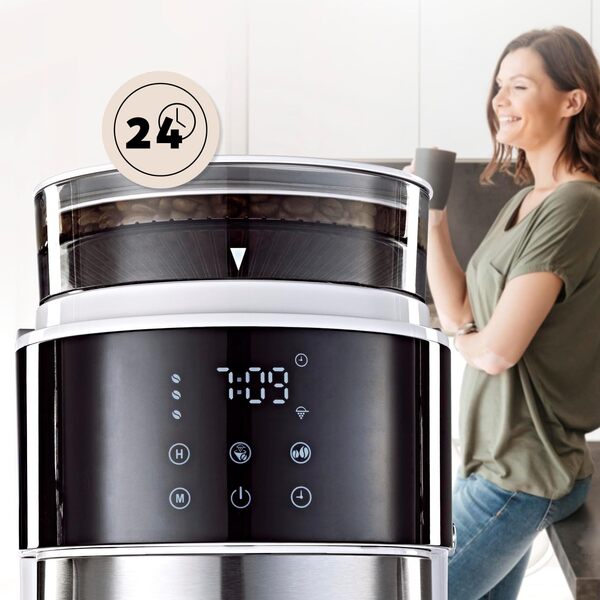 Barista Machine à café blanche avec écran tactile digital 800W + broyeur intégré et carafe isotherme | Cafetière filtre avec moulin à café et verseuse thermique