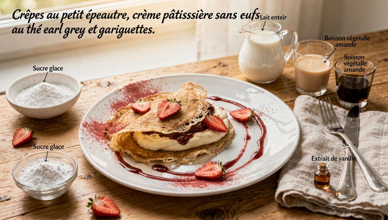 Crêpes au petit épeautre, crème pâtissière sans œufs au thé earl grey et gariguettes