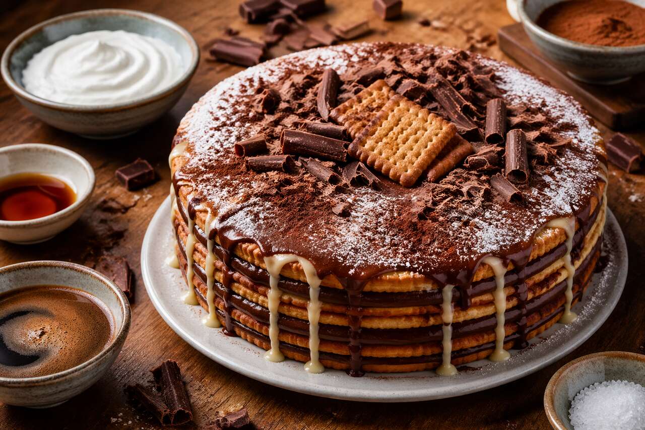 Recette du gâteau monté aux biscuits Thé de LU et au chocolat