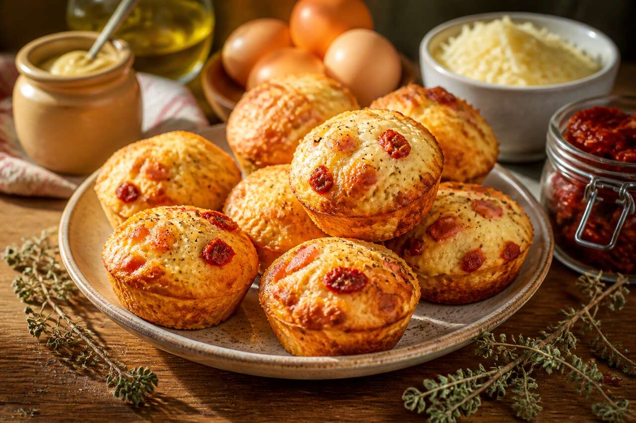 Recette de muffins aux tomates séchées, jambon et fromage