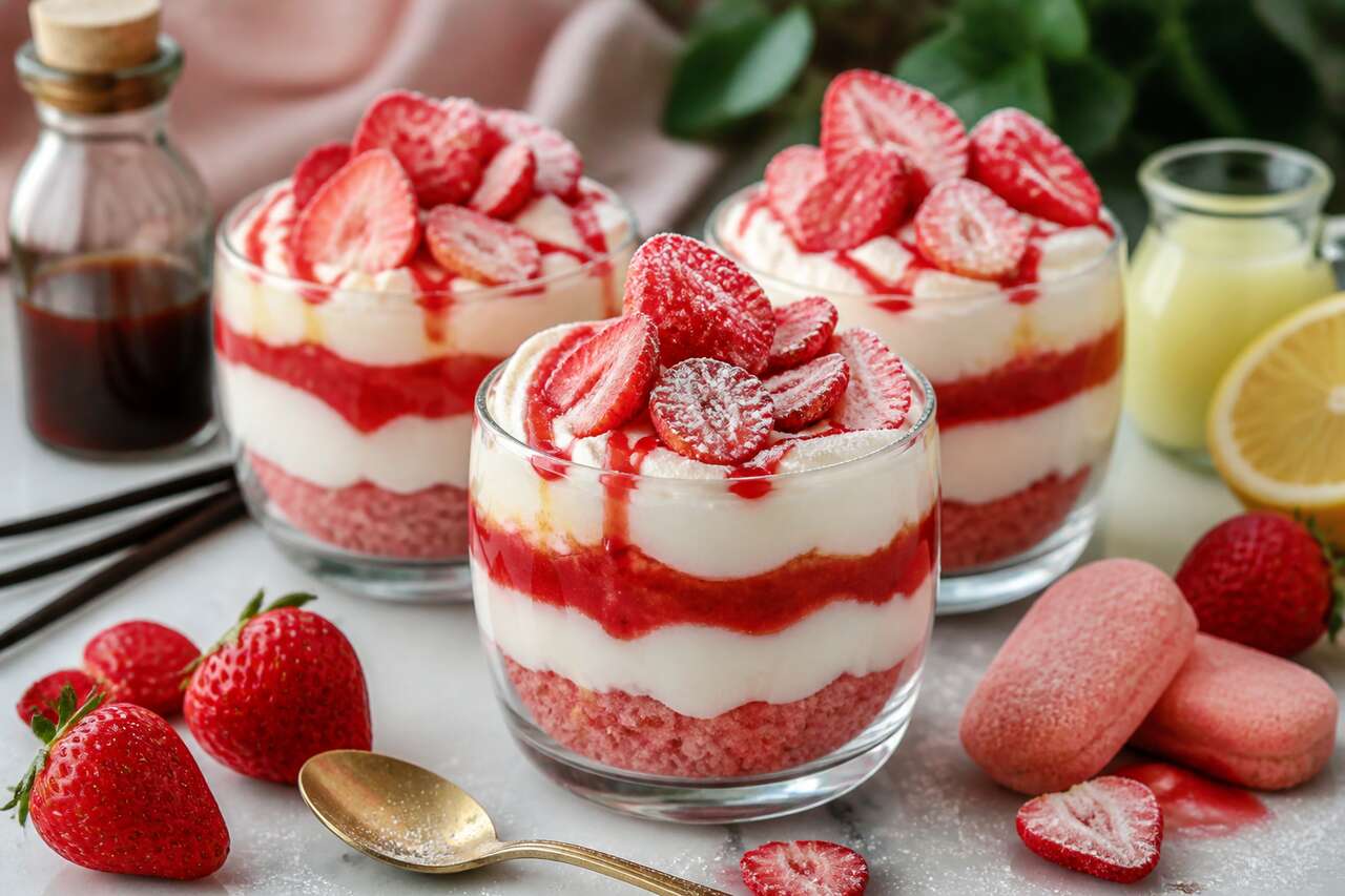 Recette de verrines fraises, mascarpone et biscuits roses