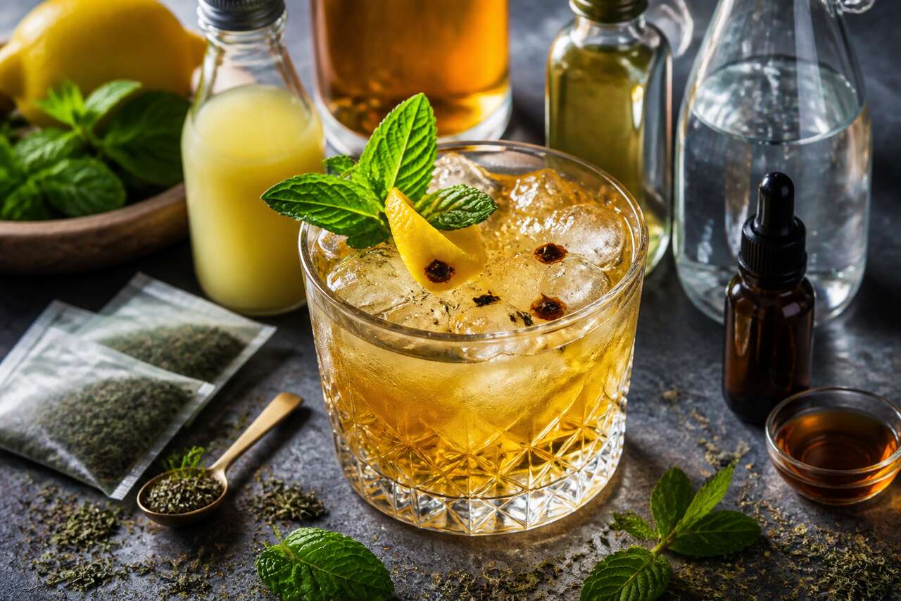 Recette de cocktail au whisky, thé vert, citron et menthe