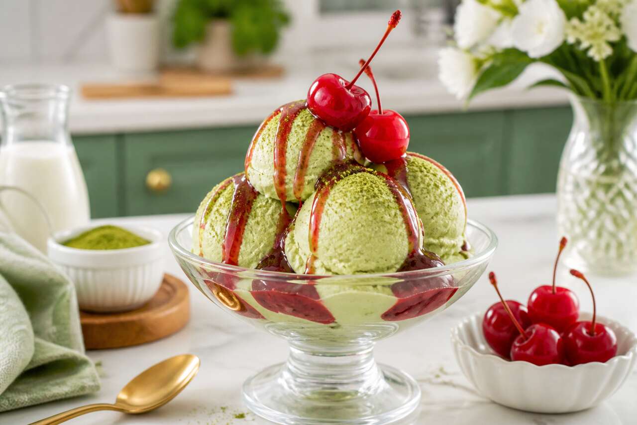 Recette de glace au thé vert et coulis de cerise