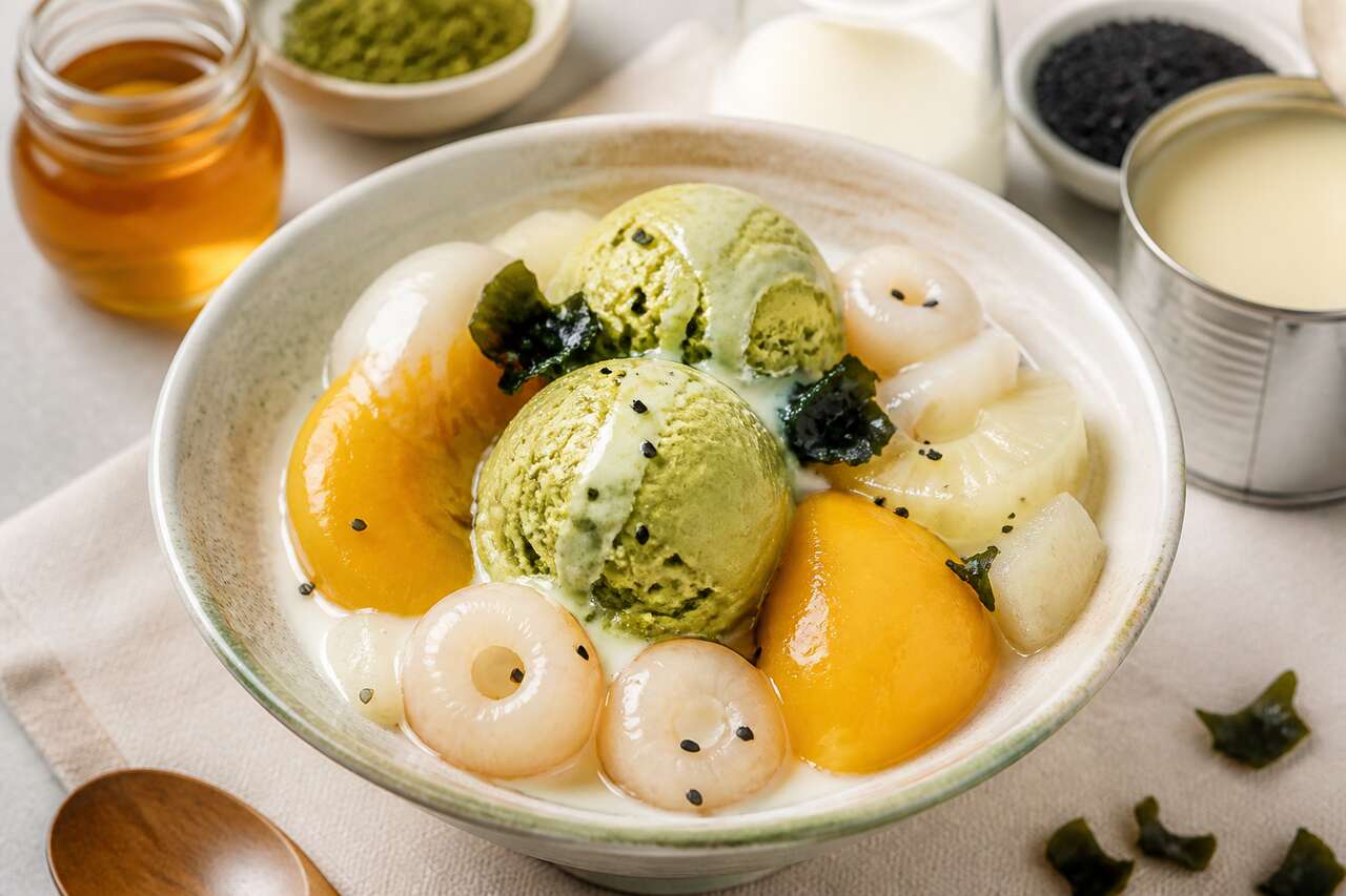 Recette de fruits aux algues et glace au thé vert