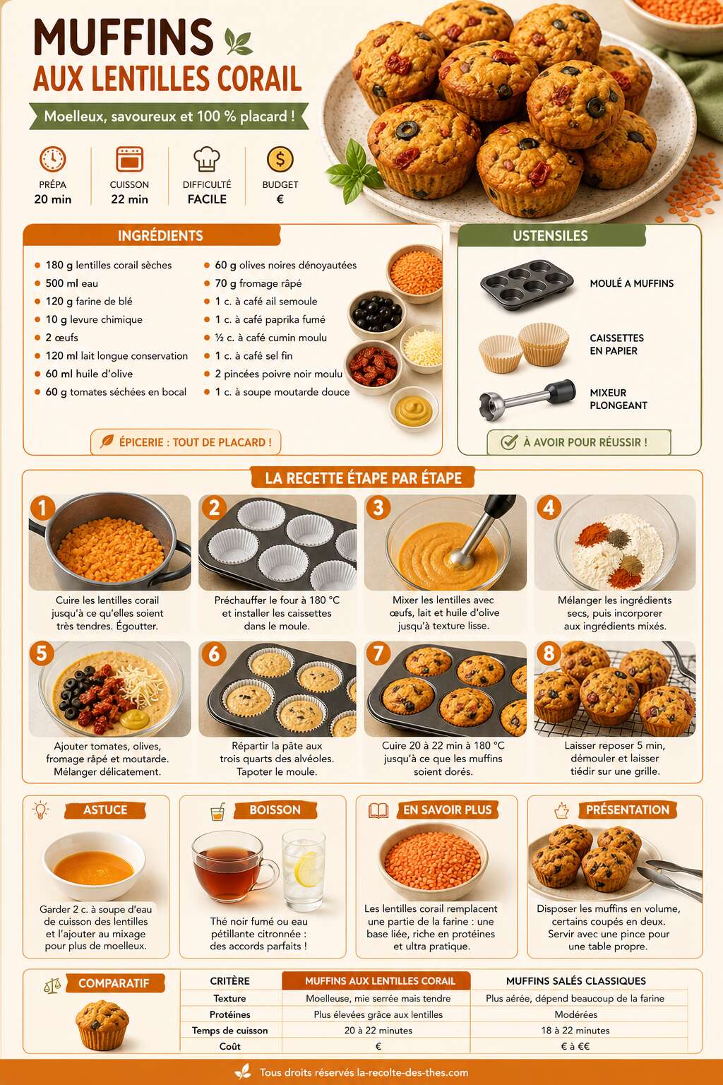 Fiche recette Recette facile de muffins aux lentilles corail