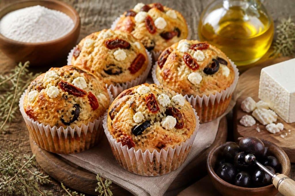 Recette de muffins aux tomates séchées, olives noires et feta