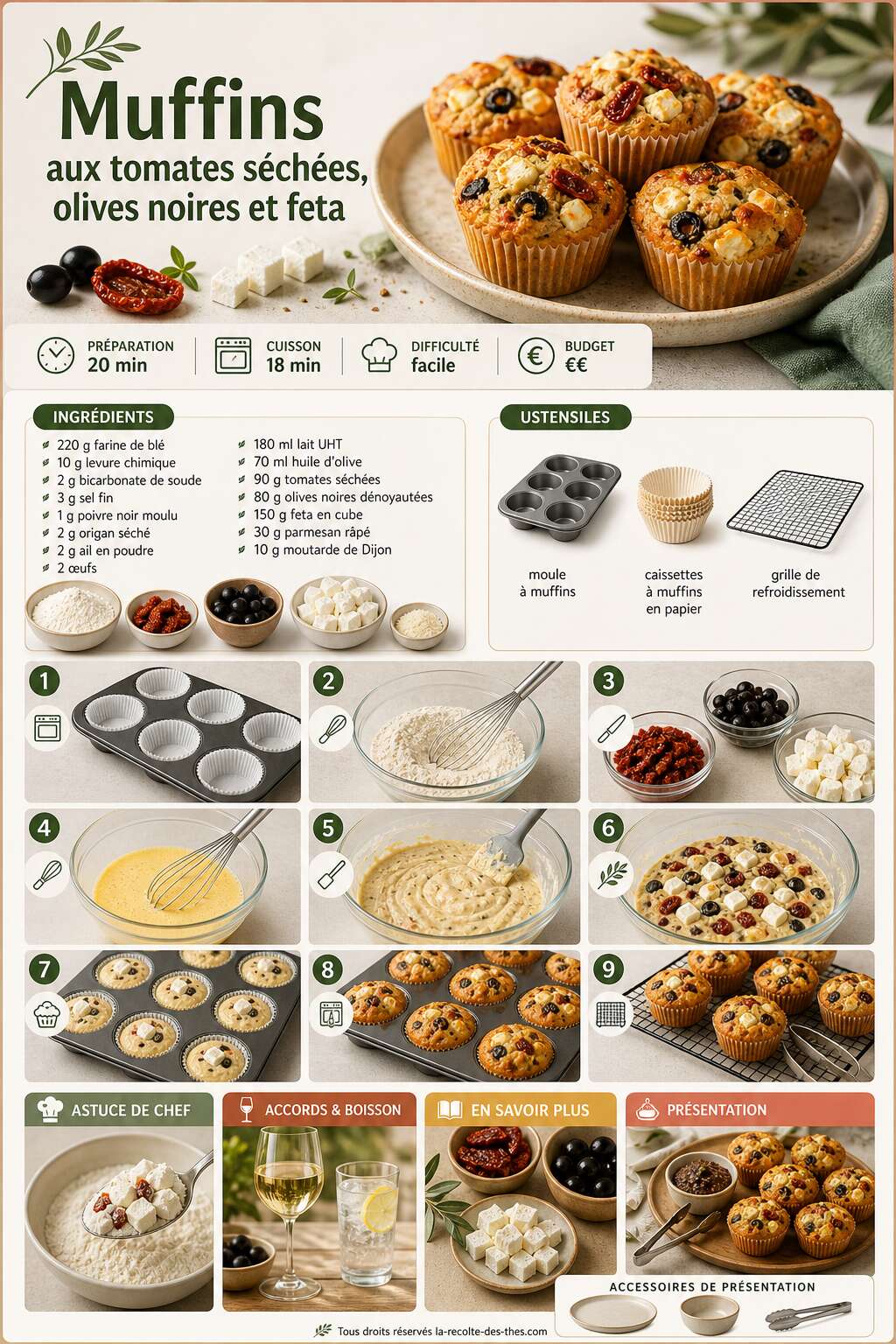Fiche recette Recette de muffins aux tomates s&eacute;ch&eacute;es, olives noires et feta