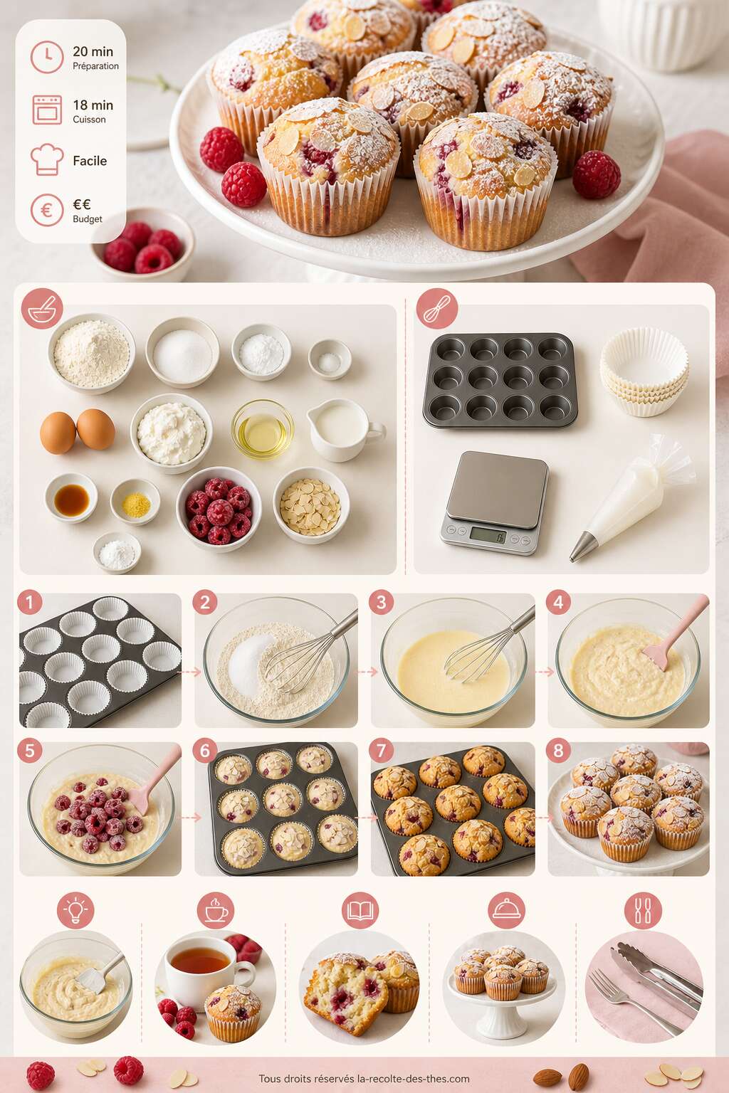 Fiche recette Recette de muffins &agrave; la ricotta, framboises et amandes