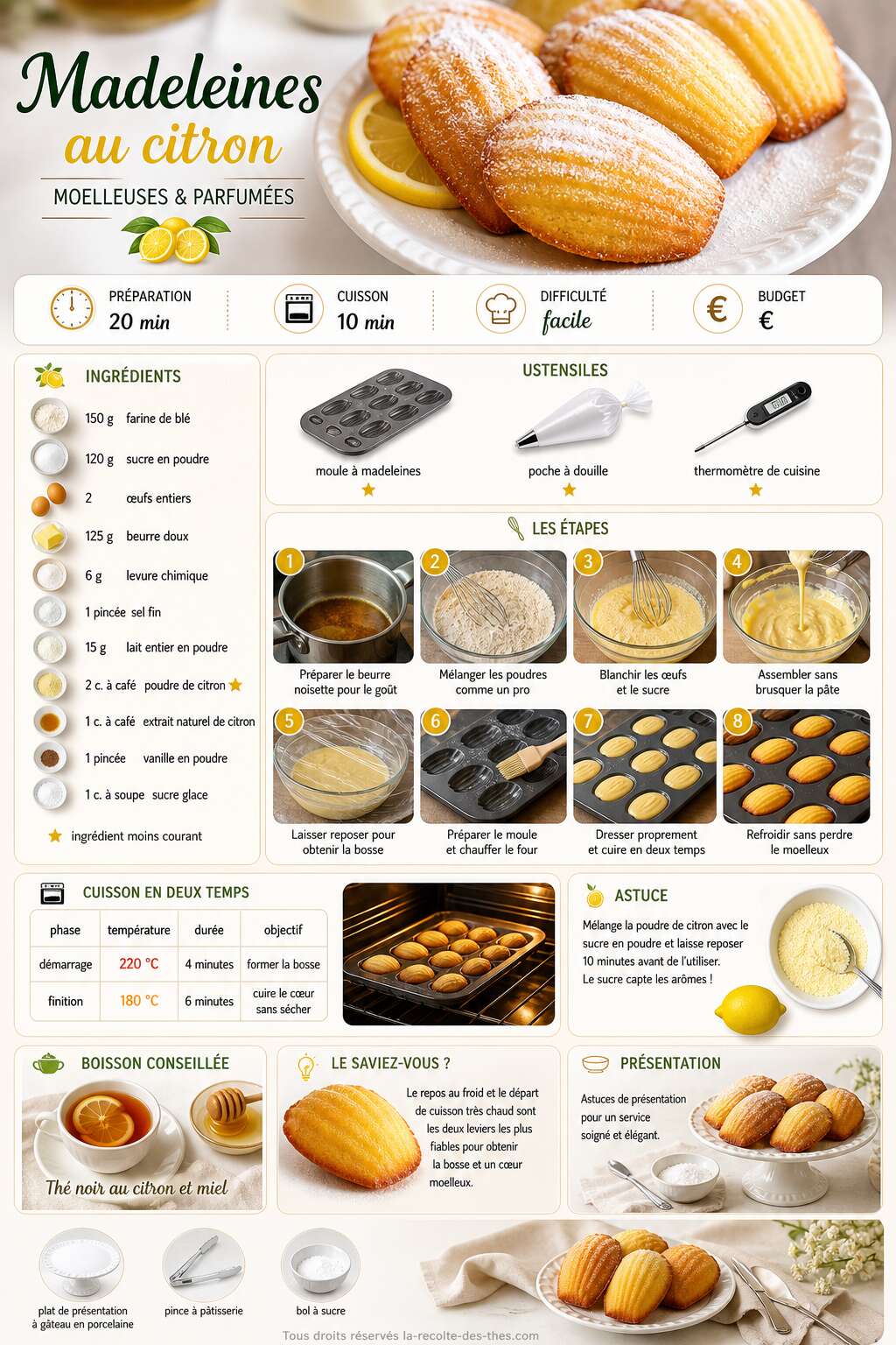 Fiche recette Recette facile de madeleines au citron moelleuses et parfumées Fiche recette Recette facile de madeleines au citron moelleuses et parfumées
