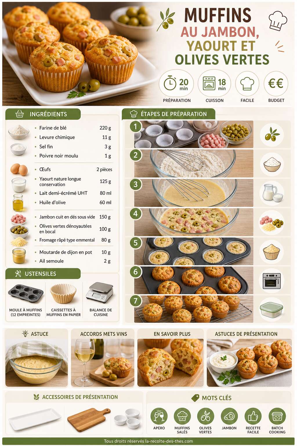 Fiche recette Recette de muffins au jambon, yaourt et olives vertes maison