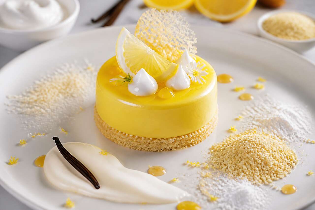 Entremet à la crème de citron et son biscuit sans gluten, sans lait et sans œufs