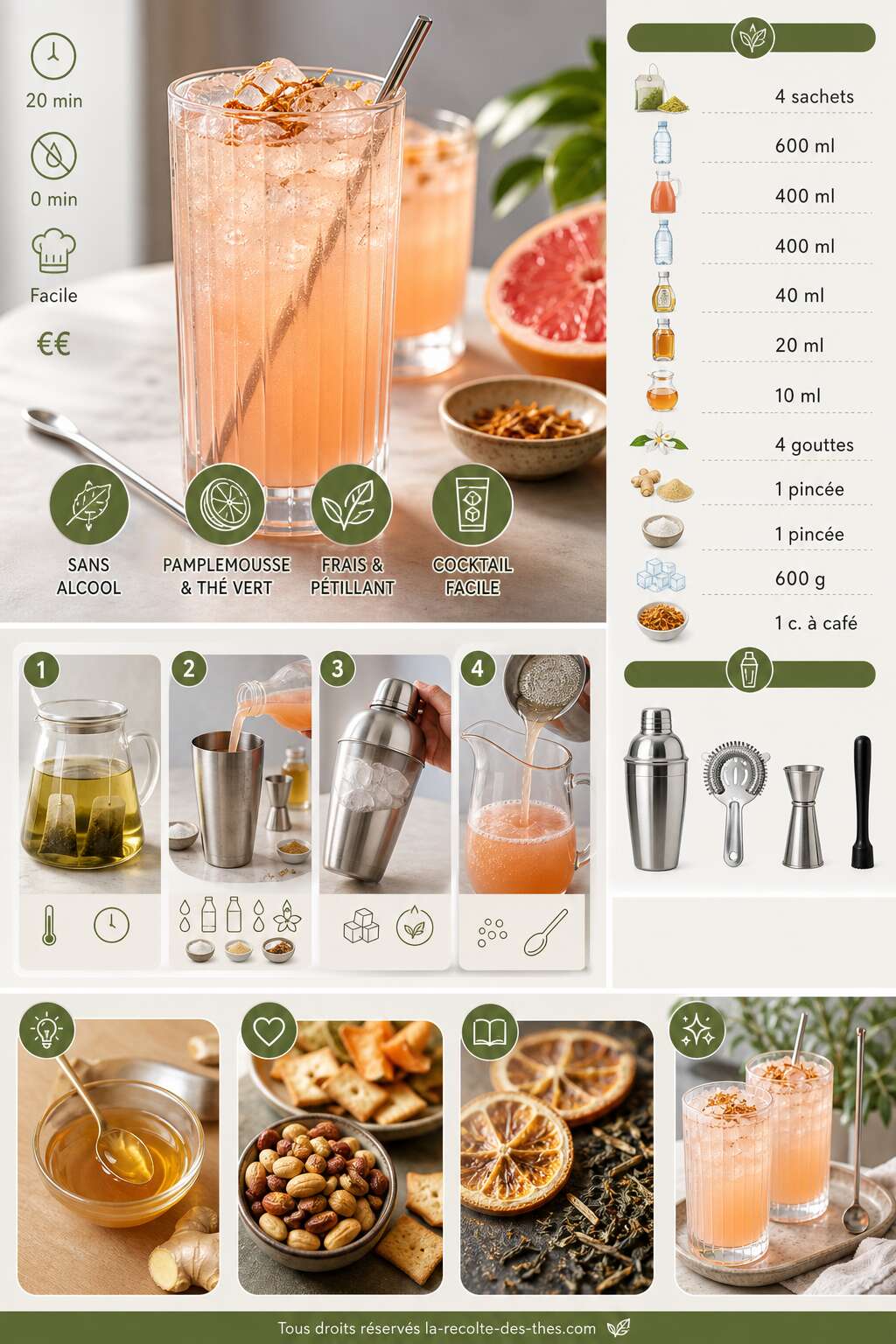 Fiche recette Recette de cocktail au pamplemousse et th&eacute; vert sans alcool