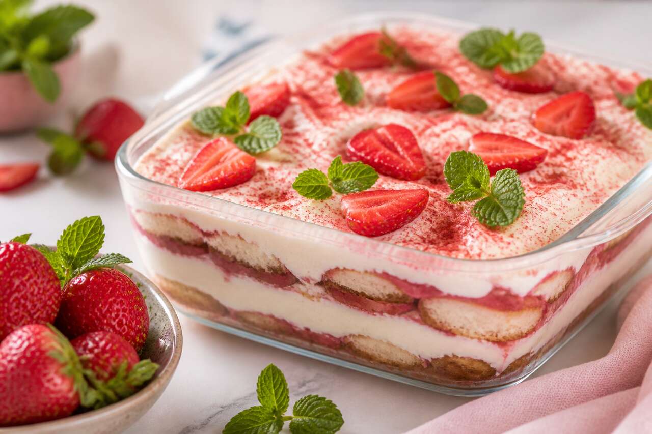Recette du tiramisu aux fraises, biscuits et menthe maison
