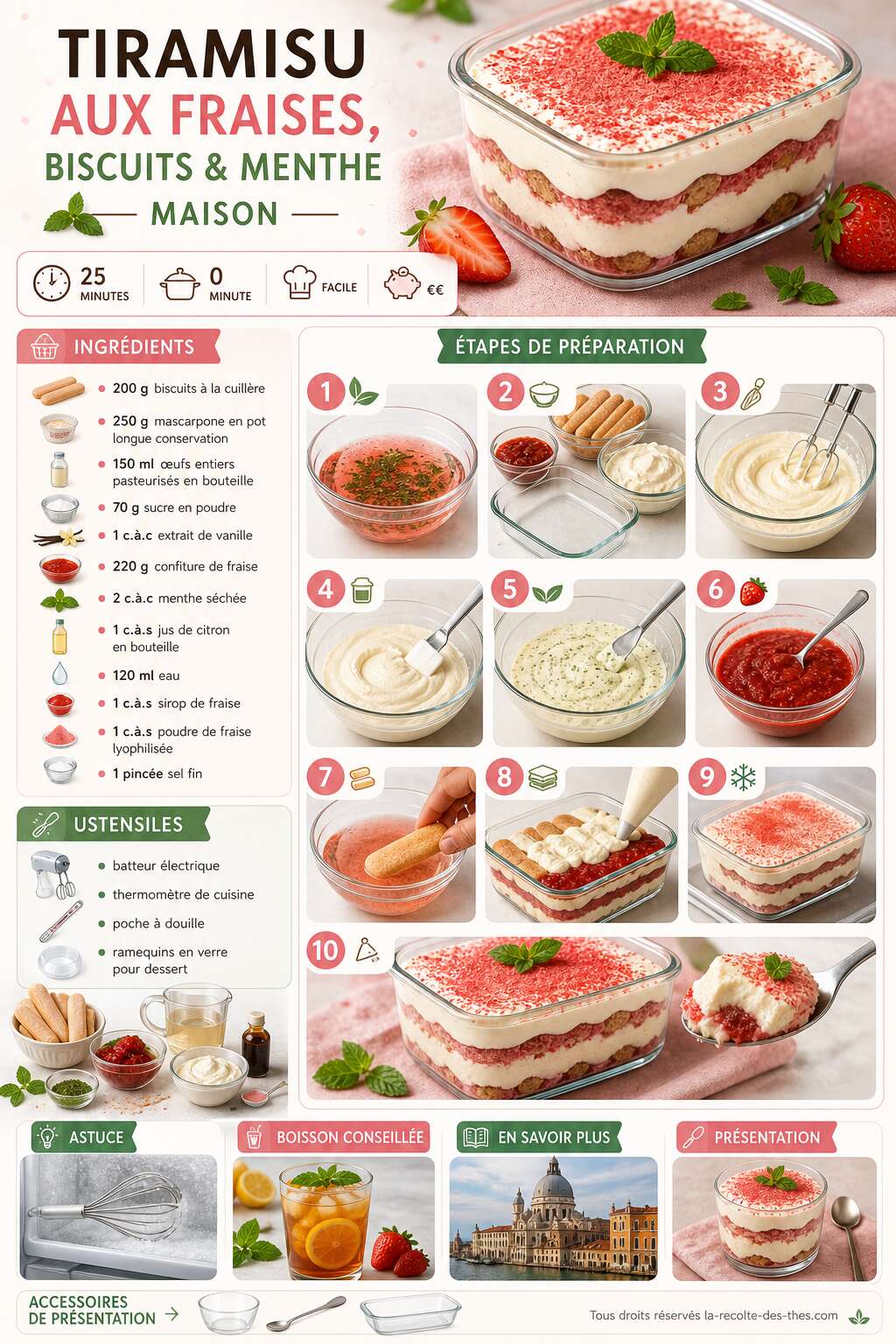 Fiche recette Recette du tiramisu aux fraises, biscuits et menthe maison