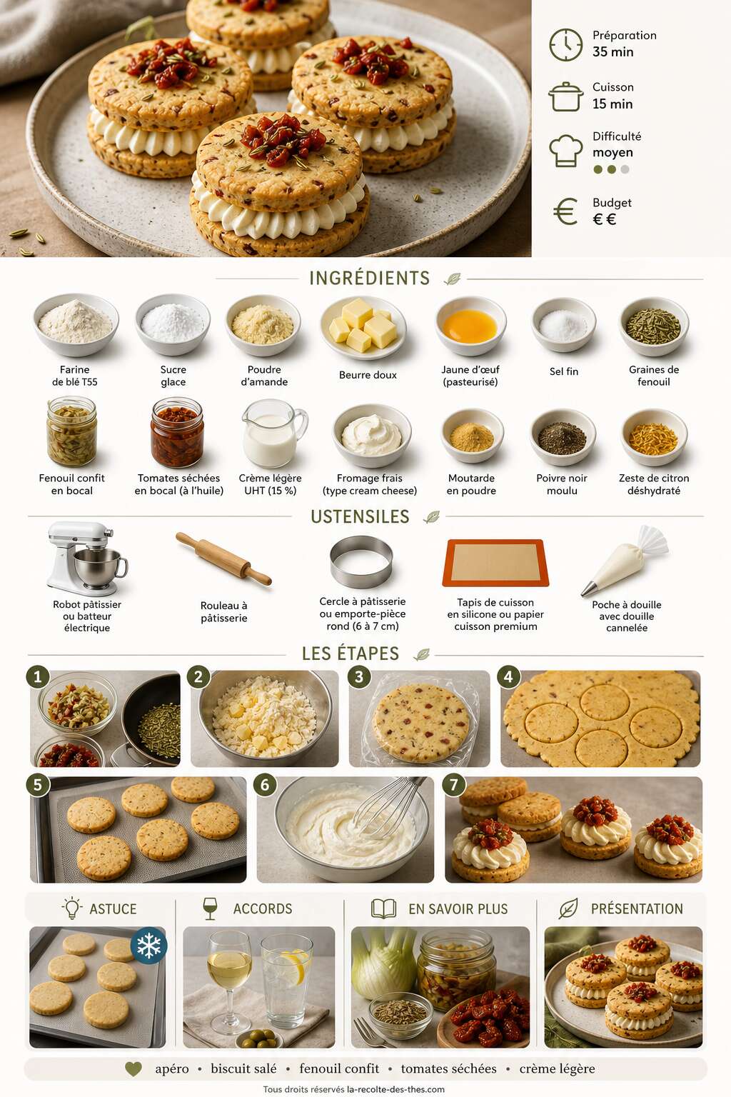 Fiche recette Recette de biscuit sablé au fenouil confit, tomates et crème légère Fiche recette Recette de biscuit sablé au fenouil confit, tomates et crème légère