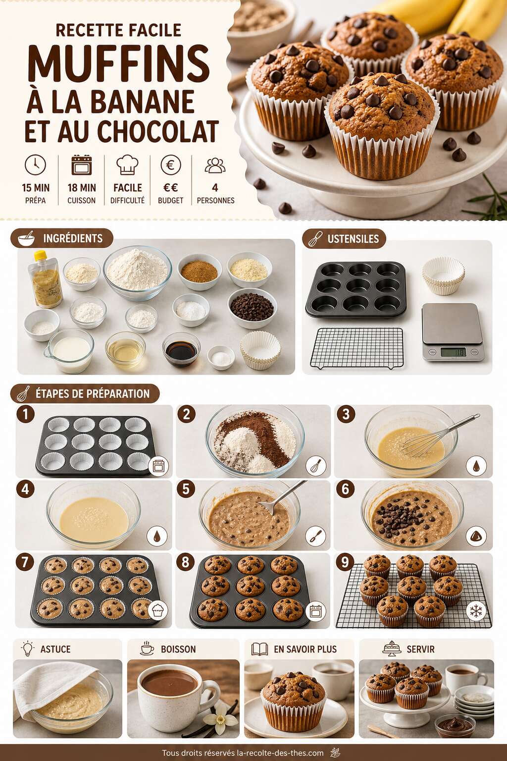 Fiche recette Recette facile de muffins &agrave; la banane et au chocolat