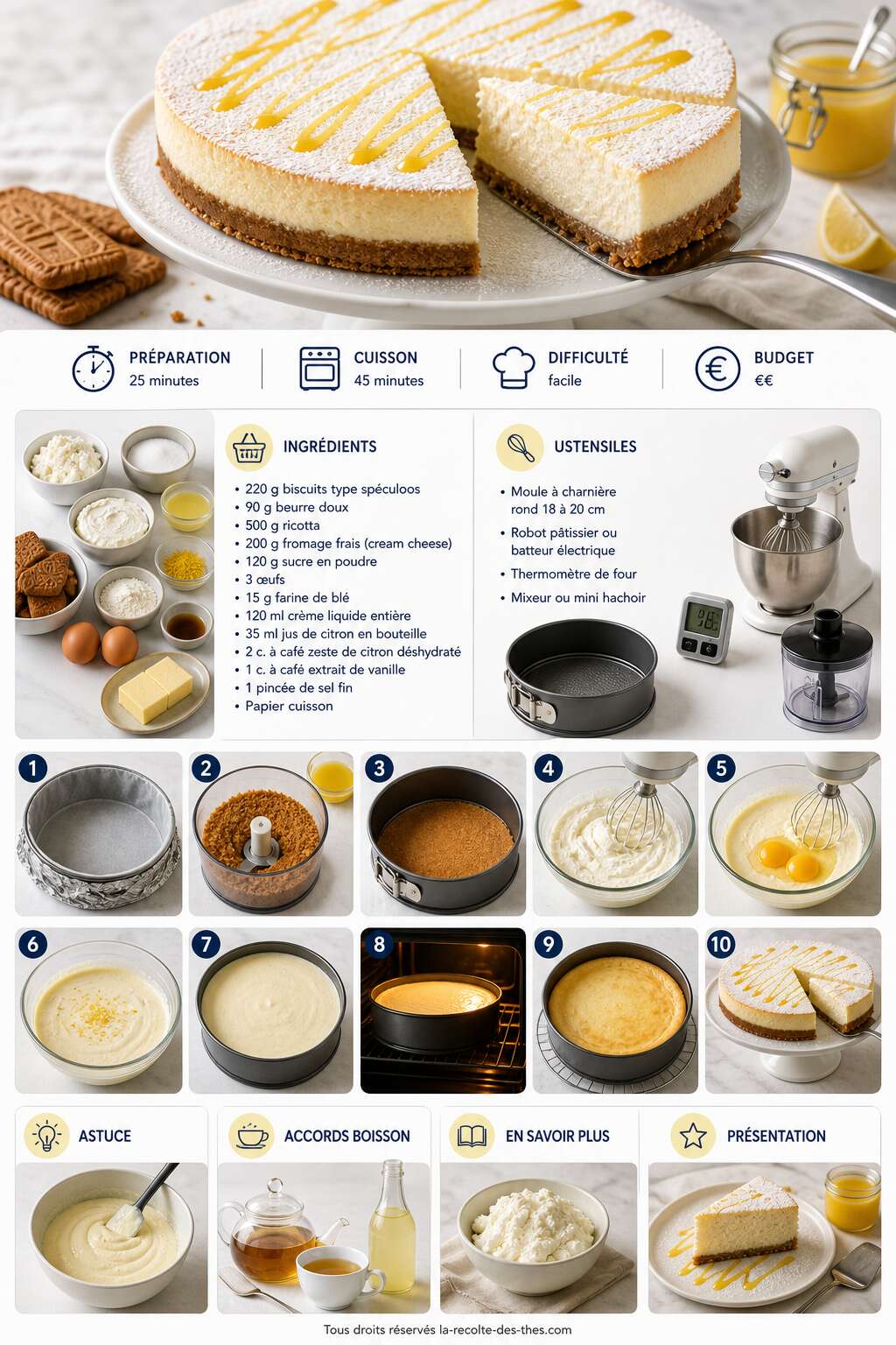 Fiche recette Recette du cheesecake aux biscuits, ricotta et citron