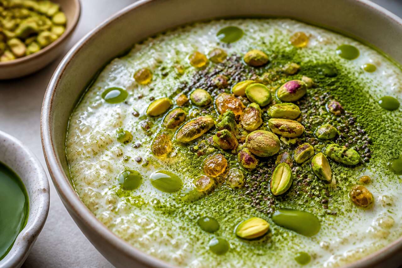 Recette de quinoa bowl matcha pistache façon riz au lait