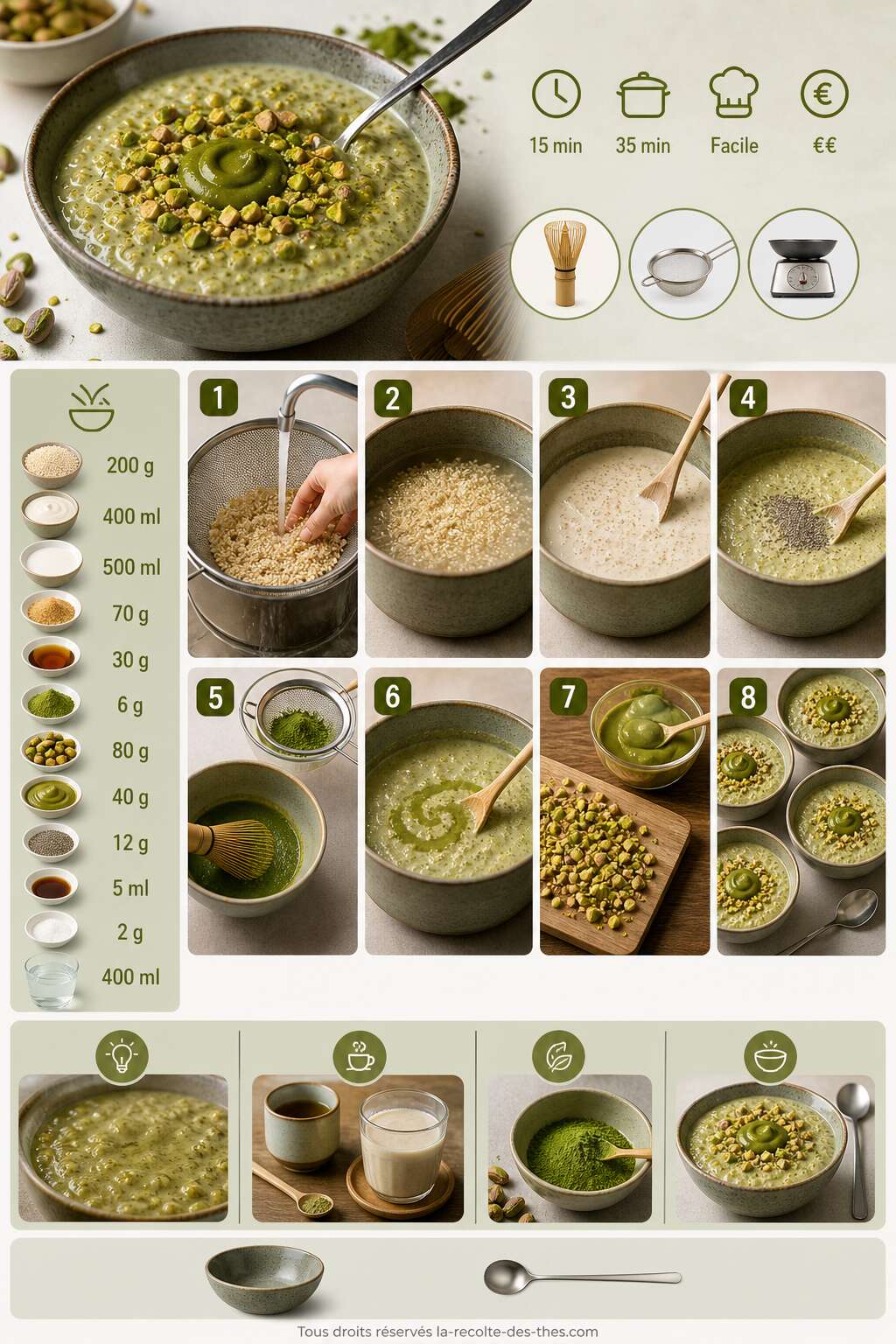 Fiche recette Recette de quinoa bowl matcha pistache fa&ccedil;on riz au lait