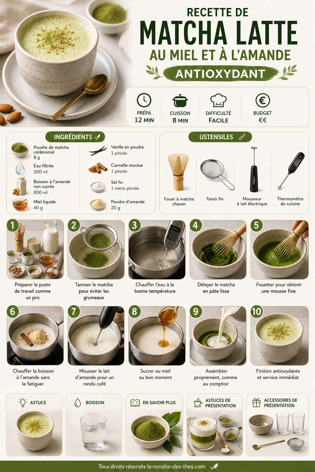 Fiche recette Recette de matcha latte au miel et &agrave; l'amande antioxydant