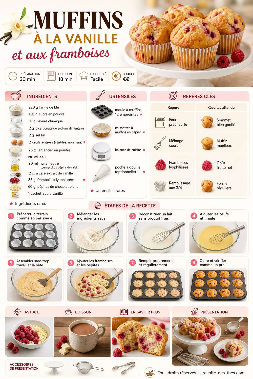 Fiche recette Recette facile de muffins à la vanille et aux framboises Fiche recette Recette facile de muffins à la vanille et aux framboises