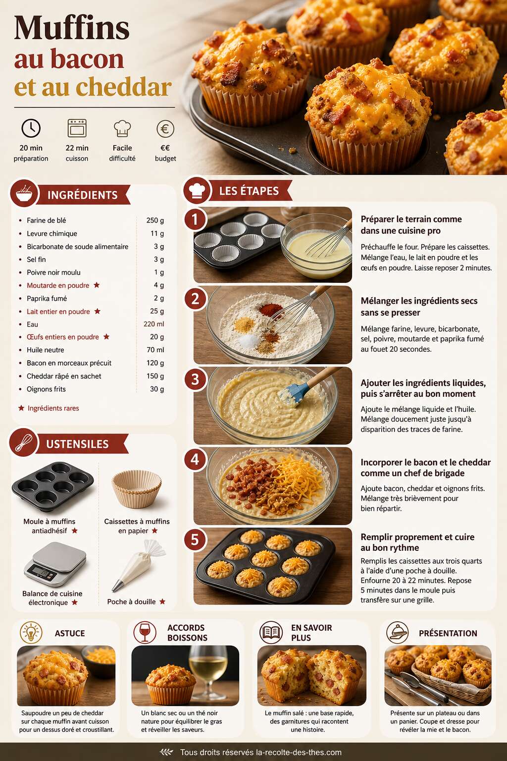 Fiche recette Recette de muffins au bacon et au cheddar Fiche recette Recette de muffins au bacon et au cheddar