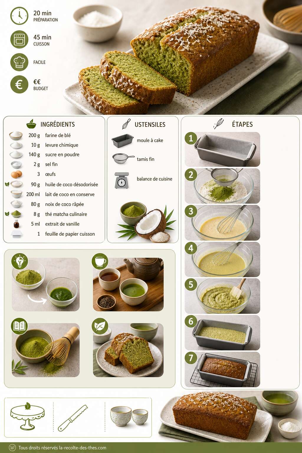 Fiche recette Recette de cake à la noix de coco et au thé matcha Fiche recette Recette de cake à la noix de coco et au thé matcha