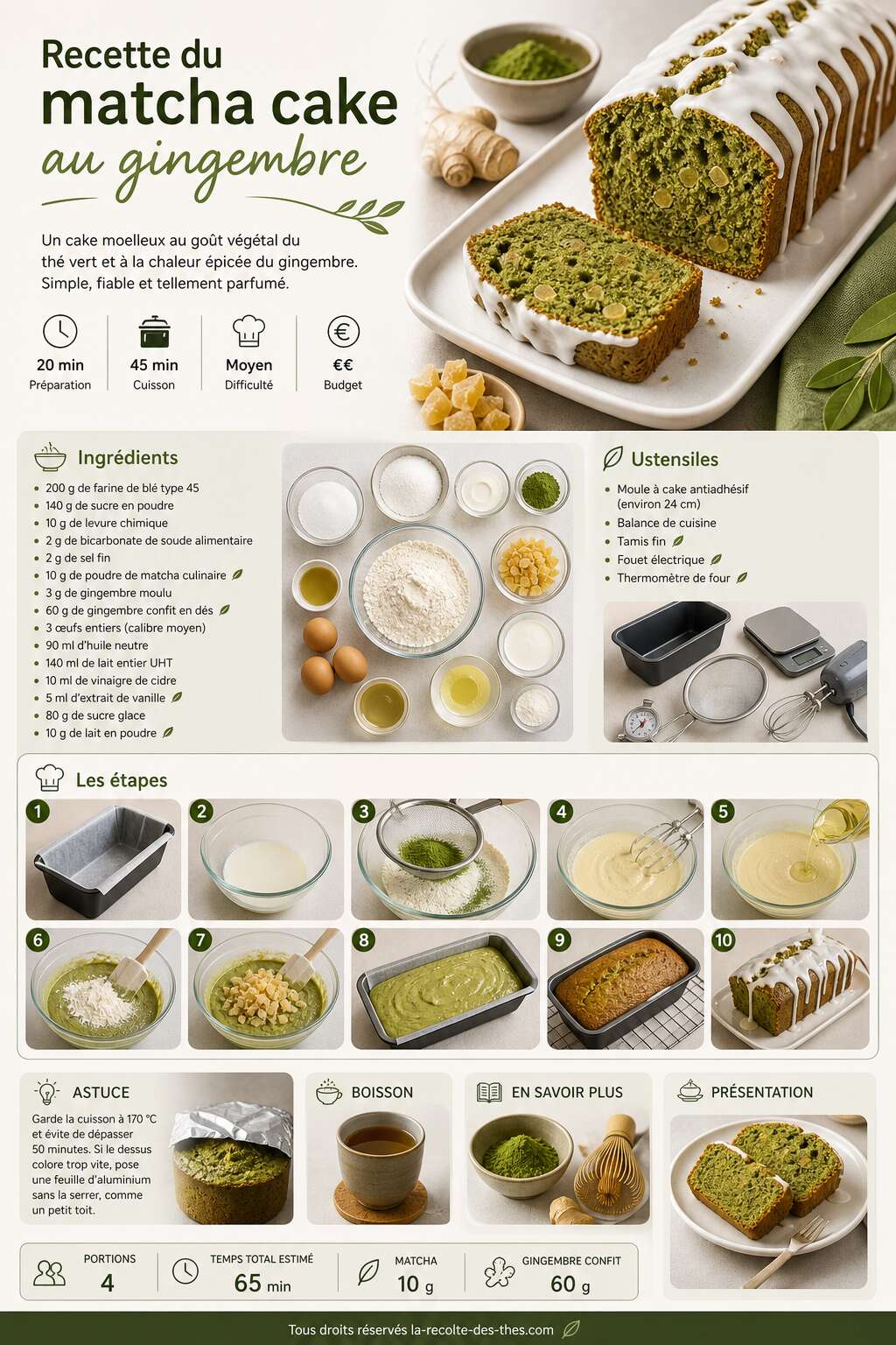 Fiche recette Recette du matcha cake au gingembre