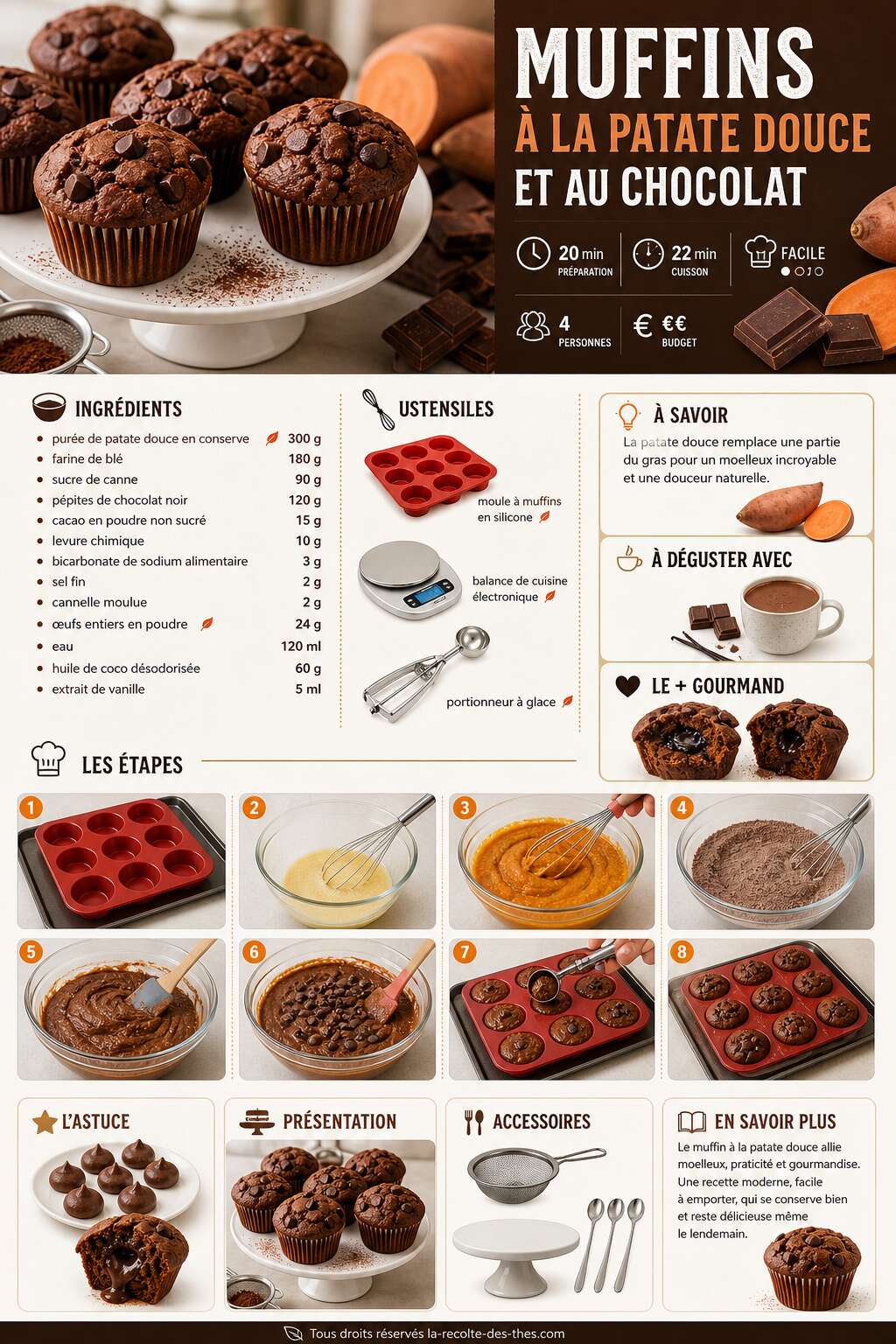 Fiche recette Recette de muffins à la patate douce et au chocolat Fiche recette Recette de muffins à la patate douce et au chocolat