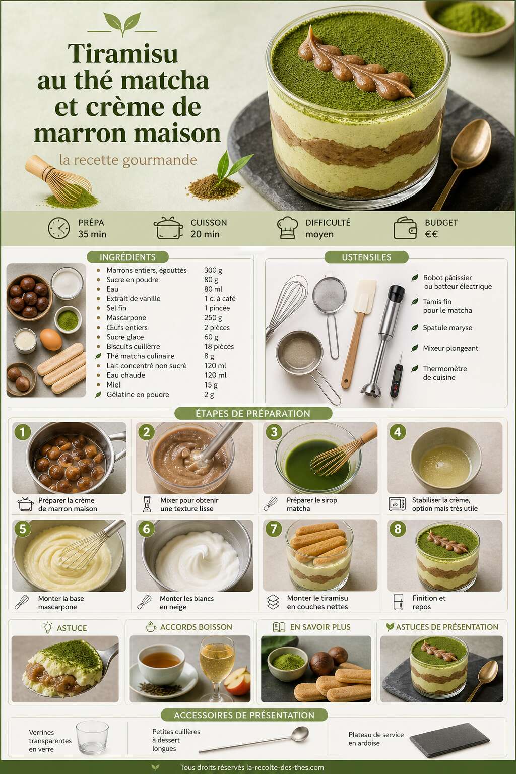 Fiche recette Tiramisu au th&eacute; matcha et cr&egrave;me de marron maison : la recette gourmande