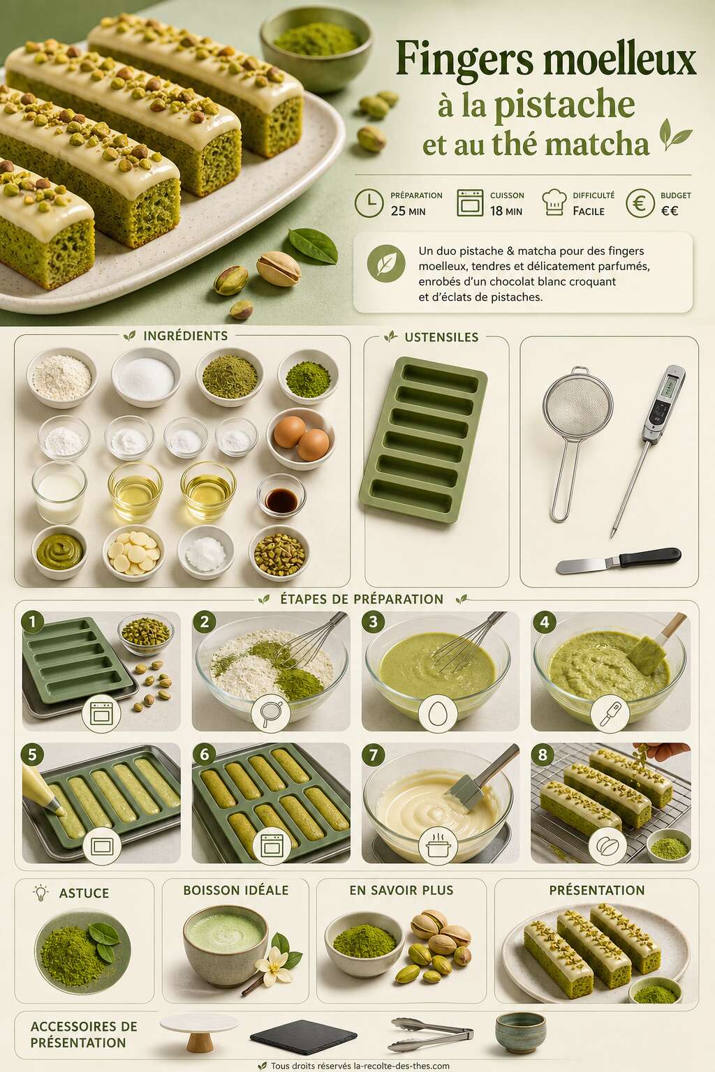 Fiche recette Recette de fingers moelleux &agrave; la pistache et au th&eacute; matcha