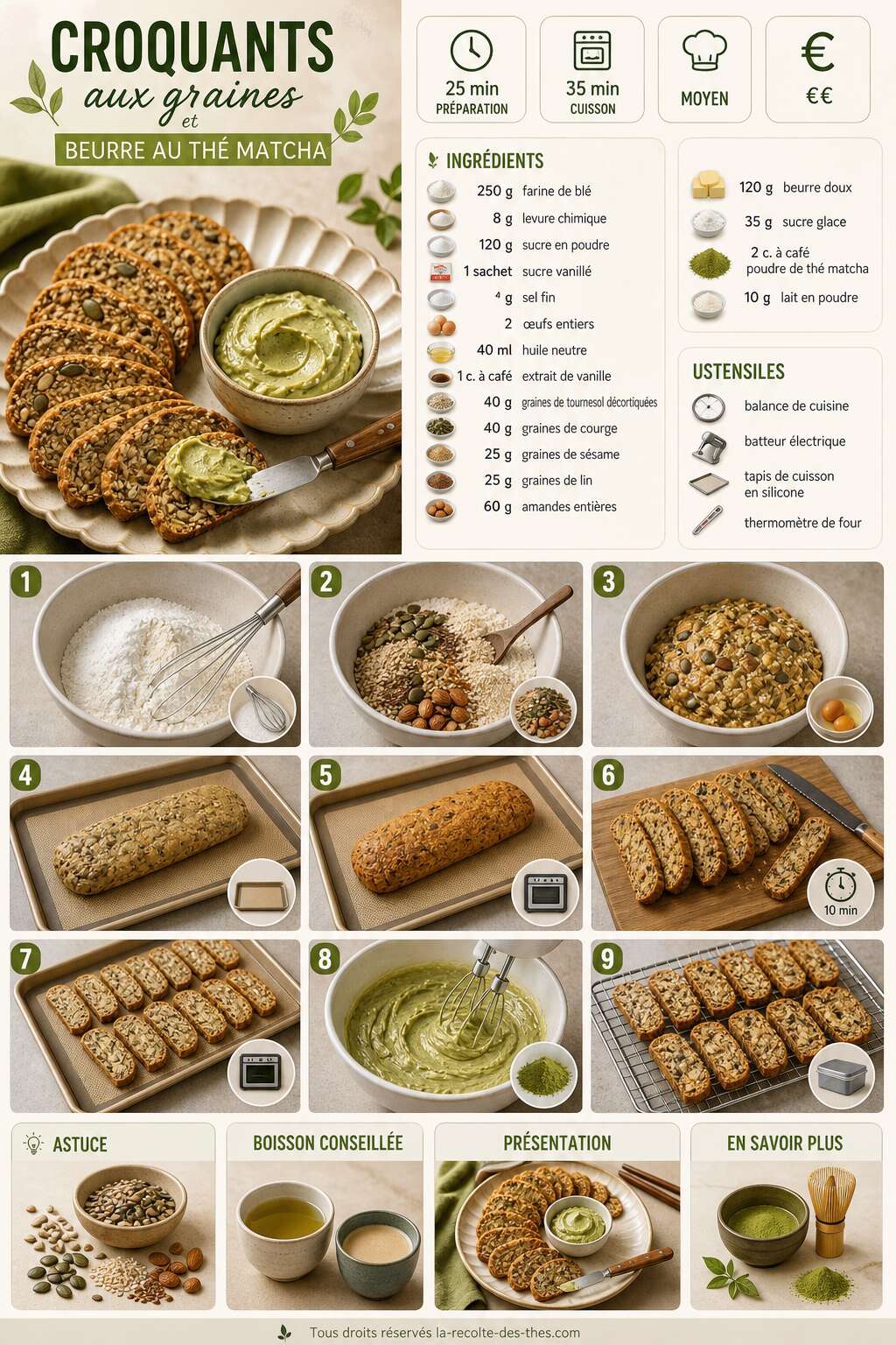 Fiche recette Recette de croquants aux graines et beurre au th&eacute; matcha