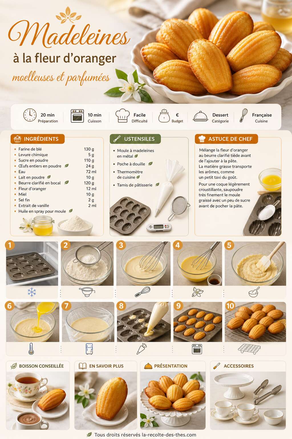 Fiche recette Recette de madeleines &agrave; la fleur d'oranger moelleuses et parfum&eacute;es
