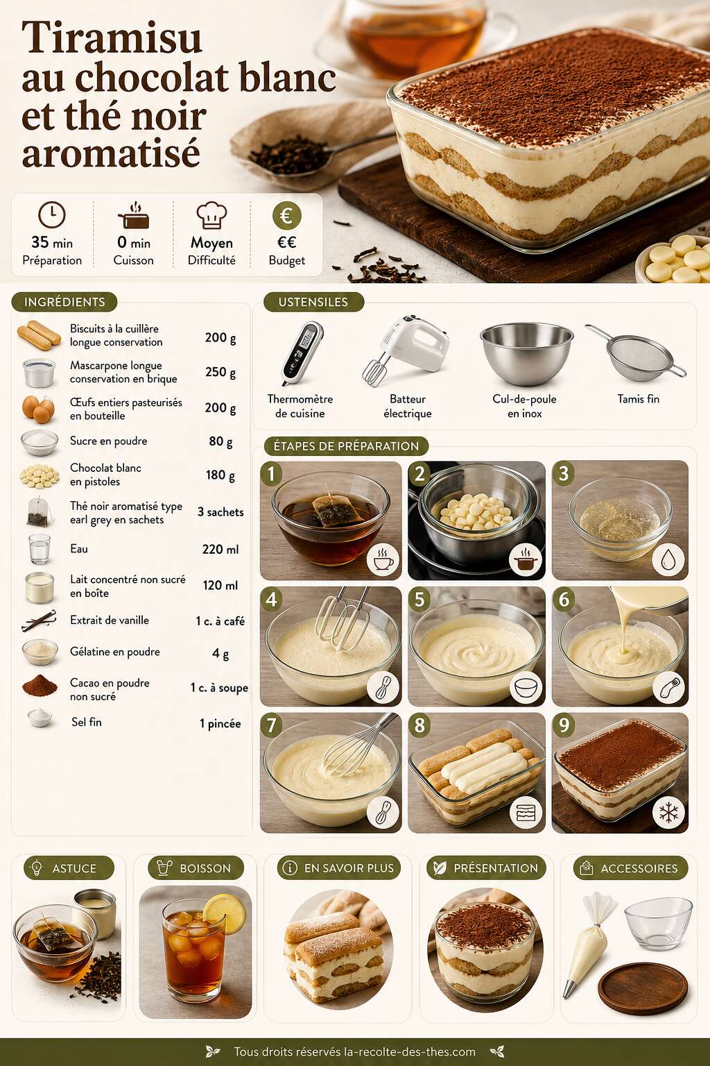 Fiche recette Recette de tiramisu au chocolat blanc et thé noir aromatisé Fiche recette Recette de tiramisu au chocolat blanc et thé noir aromatisé