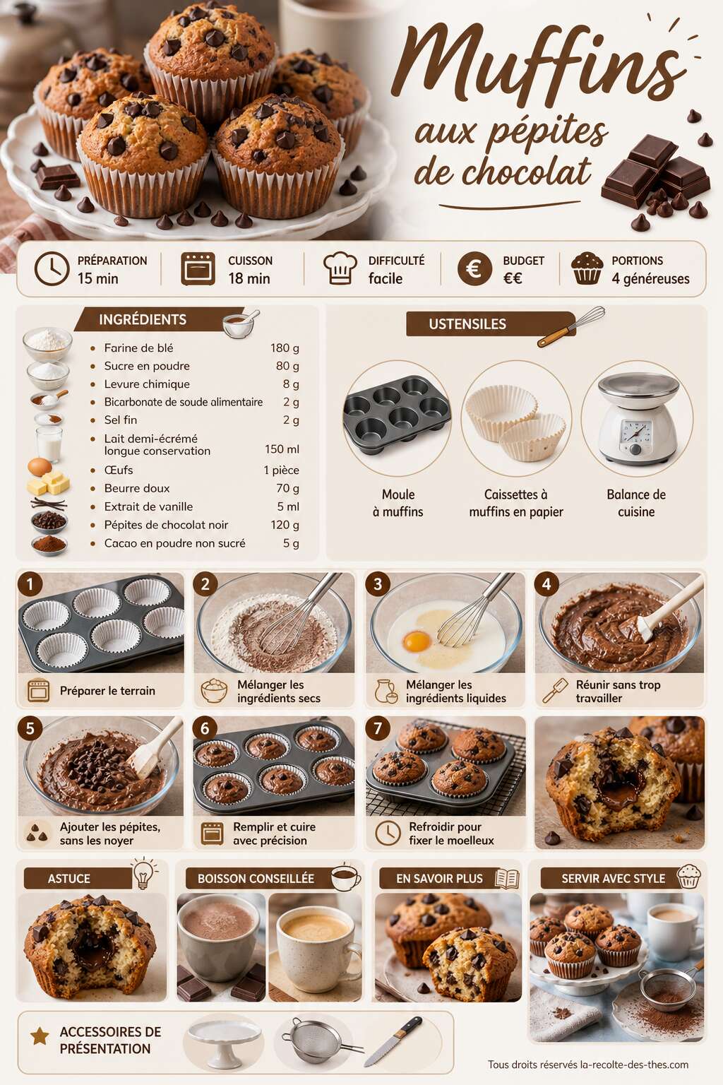 Fiche recette Recette facile de muffins aux p&eacute;pites de chocolat
