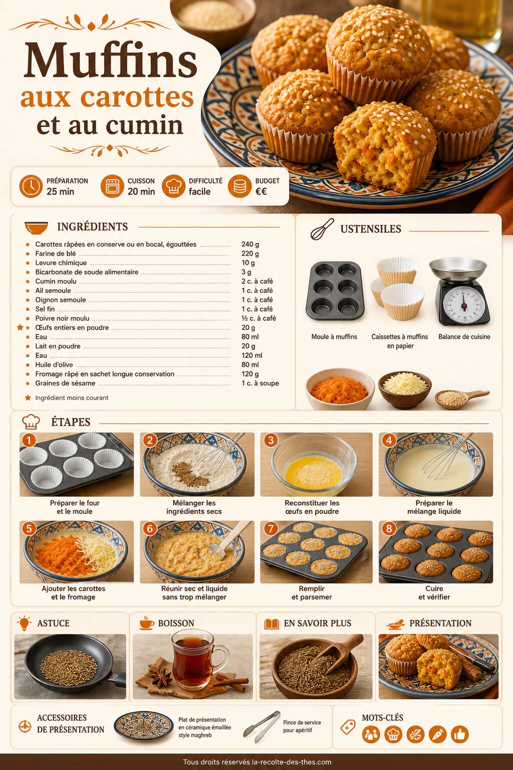 Fiche recette Recette de muffins aux carottes et au cumin Fiche recette Recette de muffins aux carottes et au cumin